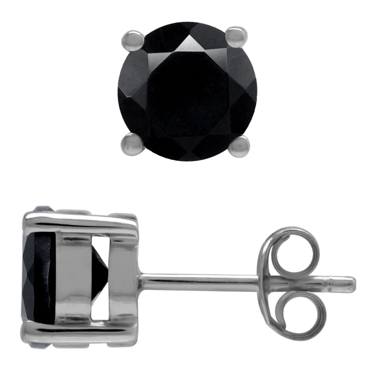 7MM 2.5 CTW Round Shape Black Onyx White Gold Plated 925 Sterling Stud Post Earrings