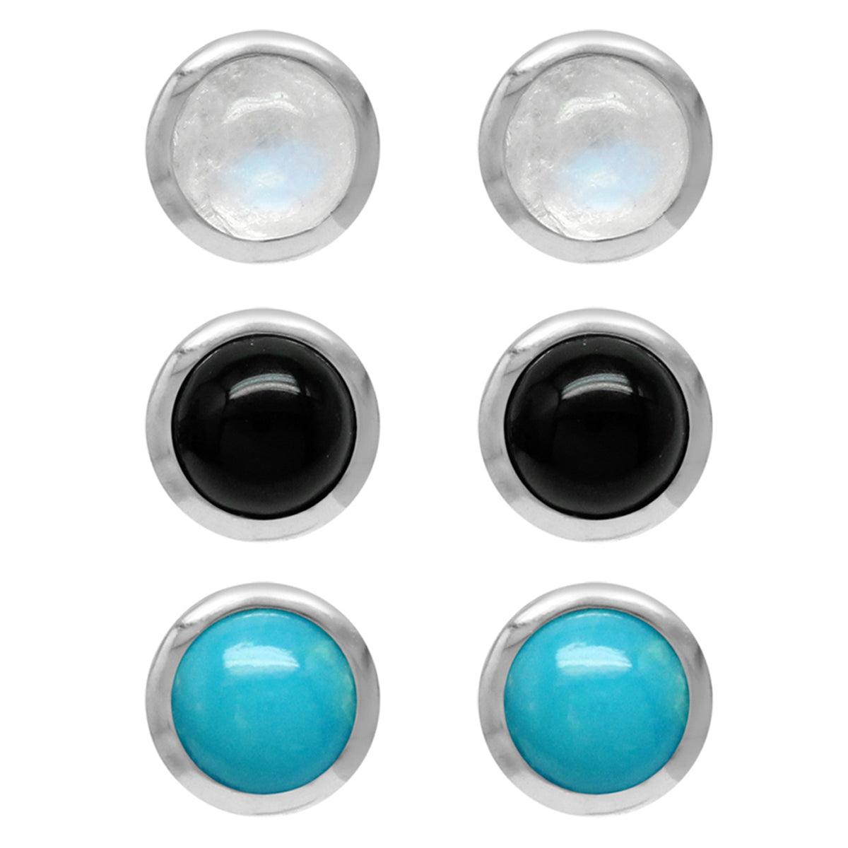 4MM Petite Round Gemstone 925 Sterling Silver Stud Earrings Set of 3 Pairs in Natural Moonstone Onyx and American Turquoise for Second and Third Hole - Silvershake-store
