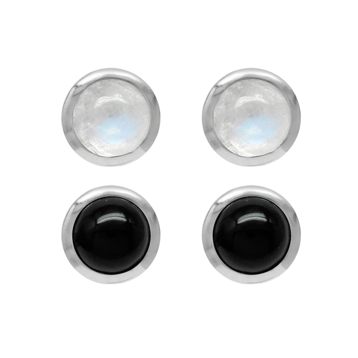 4MM Petite 2-Pair Set Natural Round Shape Rainbow Moonstone and Black Onyx White Gold Plated 925 Sterling Silver Stud Gemstone Earrings for Second and Third Hole - Silvershake-store