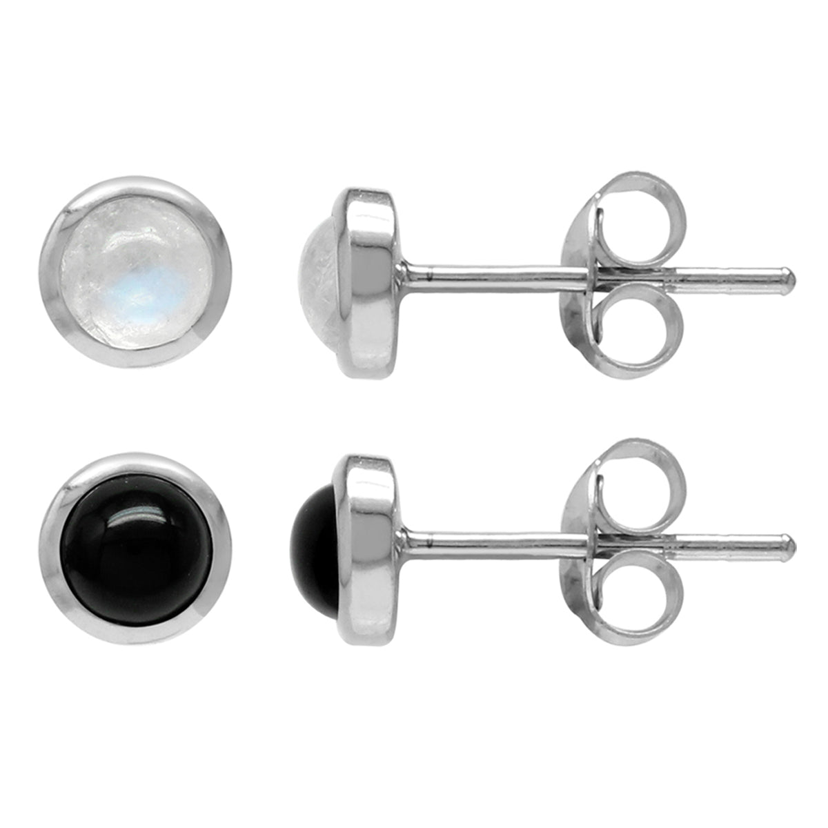 4MM Petite 2-Pair Set Natural Round Shape Rainbow Moonstone and Black Onyx White Gold Plated 925 Sterling Silver Stud Gemstone Earrings for Second and Third Hole - Silvershake-store
