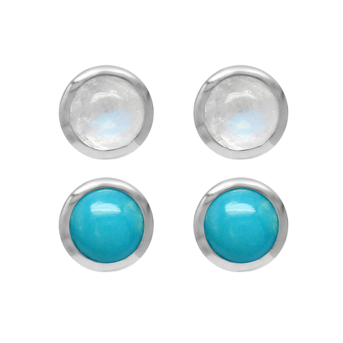 4mm Petite Round Gemstone 925 Sterling Silver Stud Earrings Set of 2 Pairs in Natural Moonstone and Ameircan Turquoise - Silvershake-store