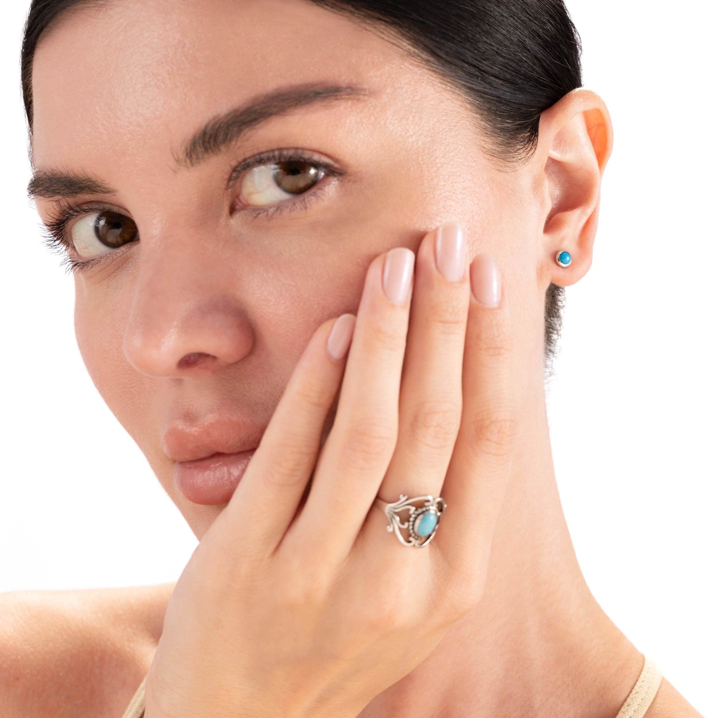 4mm Petite Round Gemstone 925 Sterling Silver Stud Earrings Set of 2 Pairs in Natural Moonstone and Ameircan Turquoise - Silvershake-store