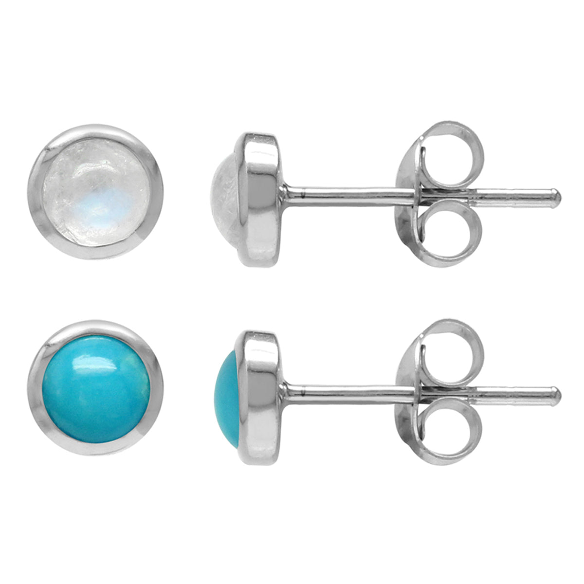 4mm Petite Round Gemstone 925 Sterling Silver Stud Earrings Set of 2 Pairs in Natural Moonstone and Ameircan Turquoise - Silvershake-store