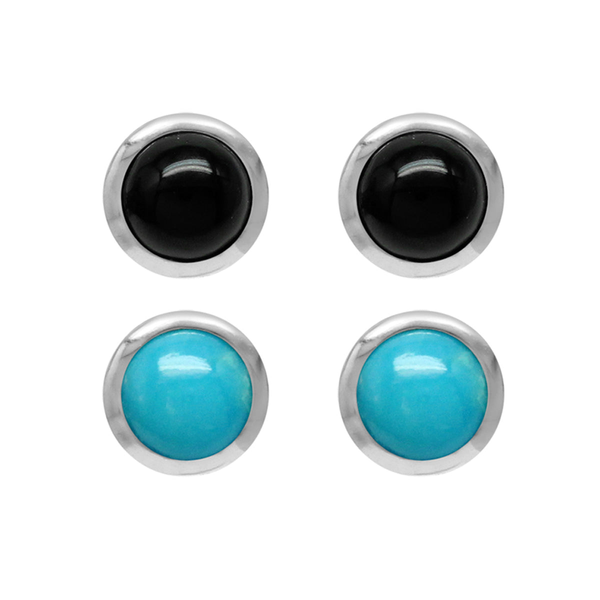 4mm Petite Round Gemstone 925 Sterling Silver Stud Earrings Set of 2 Pairs in Natural Onyx and Ameircan Turquoise - Silvershake-store