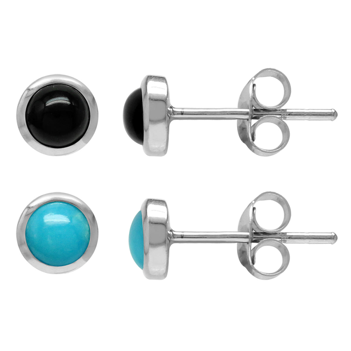 4mm Petite Round Gemstone 925 Sterling Silver Stud Earrings Set of 2 Pairs in Natural Onyx and Ameircan Turquoise - Silvershake-store