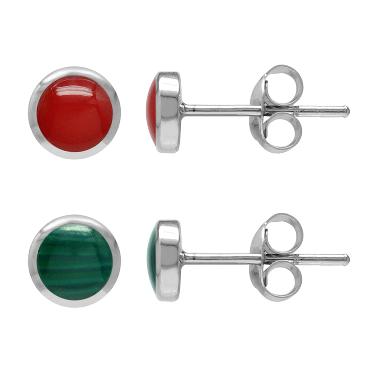 Petite 4mm Round Created Red Coral and Green Malachite Inlay 925 Sterling Silver Christmas Stud Earrings Womens Jewelry Best for Second and Third Hole Set of 2 Pairs - Silvershake-store