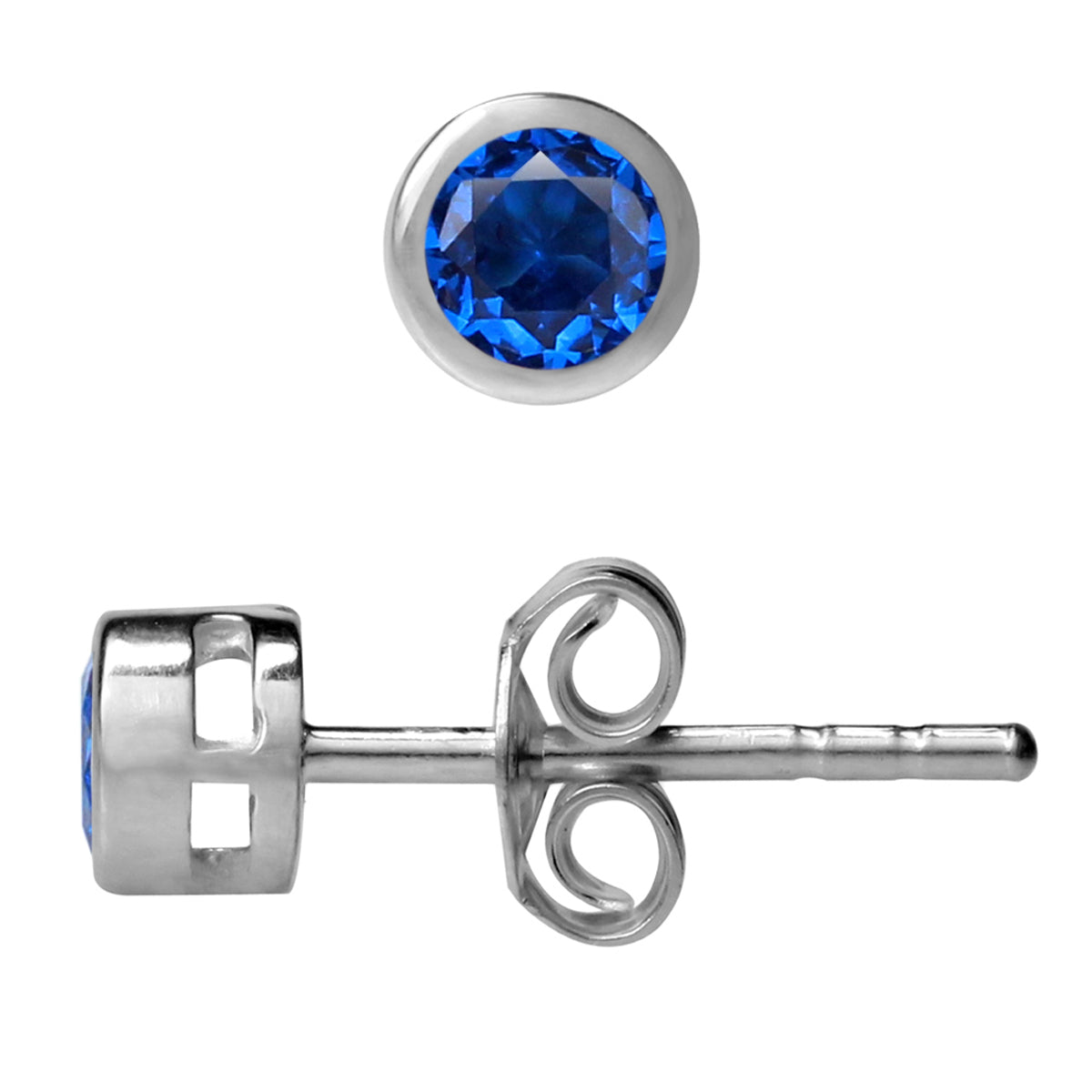 3MM Extra Petite Created Round Blue Sapphire 925 Sterling Silver Bezel Set Stud Earrings for Second or Third Hole Unisex Jewelry for Women or Men September Gemstone Birthstone - Silvershake-store
