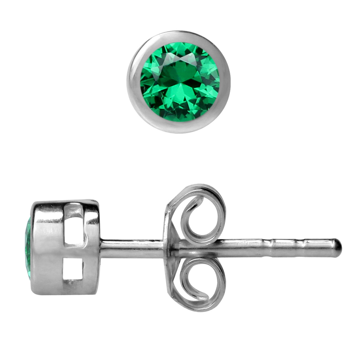 3MM Extra Petite Created Round Shape Nano Green Emerald 925 Sterling Silver Bezel Set Stud Earrings for Second or Third Hole Unisex Jewelry for Women or Men May Gemstone Birthstone - Silvershake-store