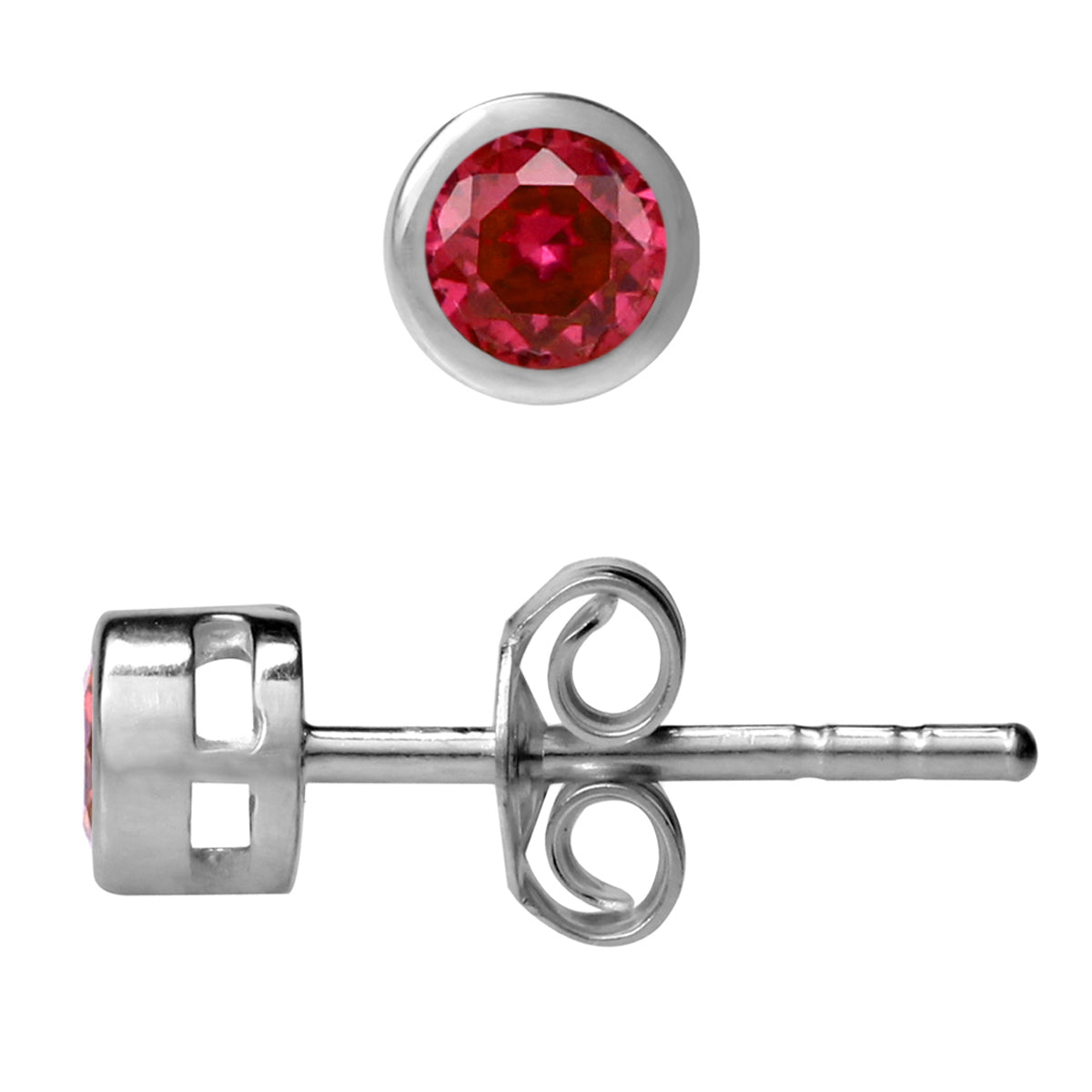 3MM Extra Petite Simulated Round Shape Red Ruby 925 Sterling Silver Bezel Set Stud Earrings for Second or Third Hole Unisex Jewelry for Women or Men July Gemstone Birthstone - Silvershake-store