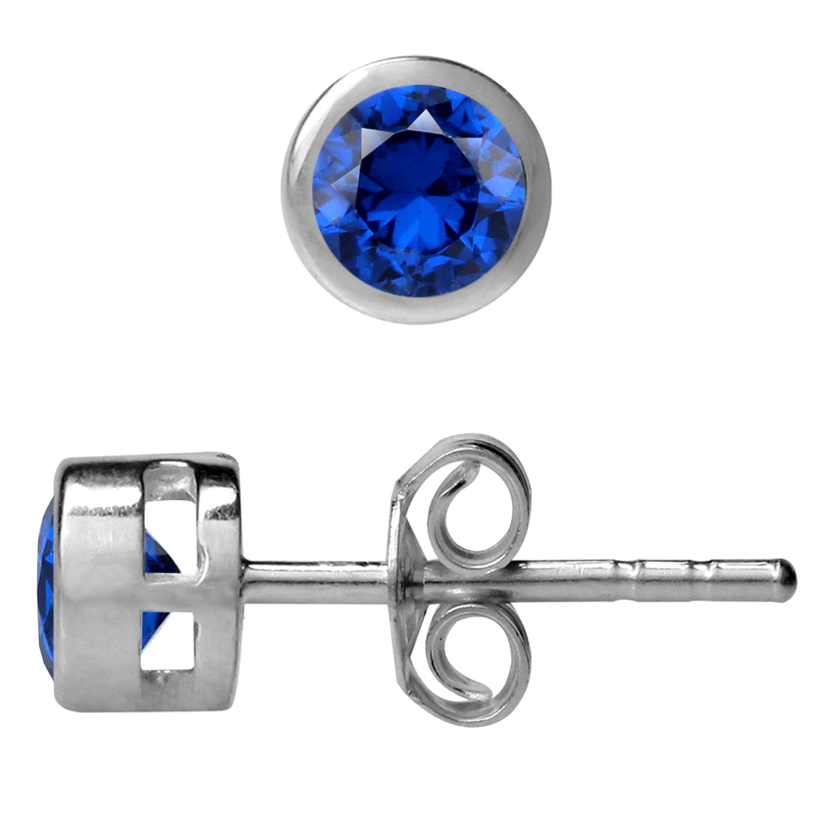 4MM Petite Created Round Shape Blue Sapphire 925 Sterling Silver Bezel Set Stud Earrings for Second or Third Hole Unisex Jewelry for Women or Men September Gemstone Birthstone - Silvershake-store
