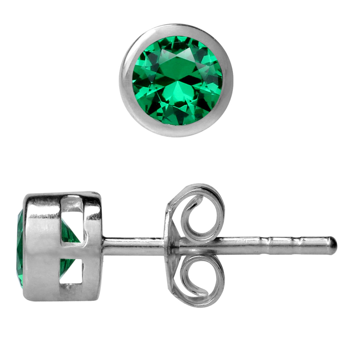 4MM Petite Created Round Shape Nano Green Emerald 925 Sterling Silver Bezel Set Stud Earrings for Second or Third Hole Unisex Jewelry for Women or Men May Gemstone Birthstone - Silvershake-store