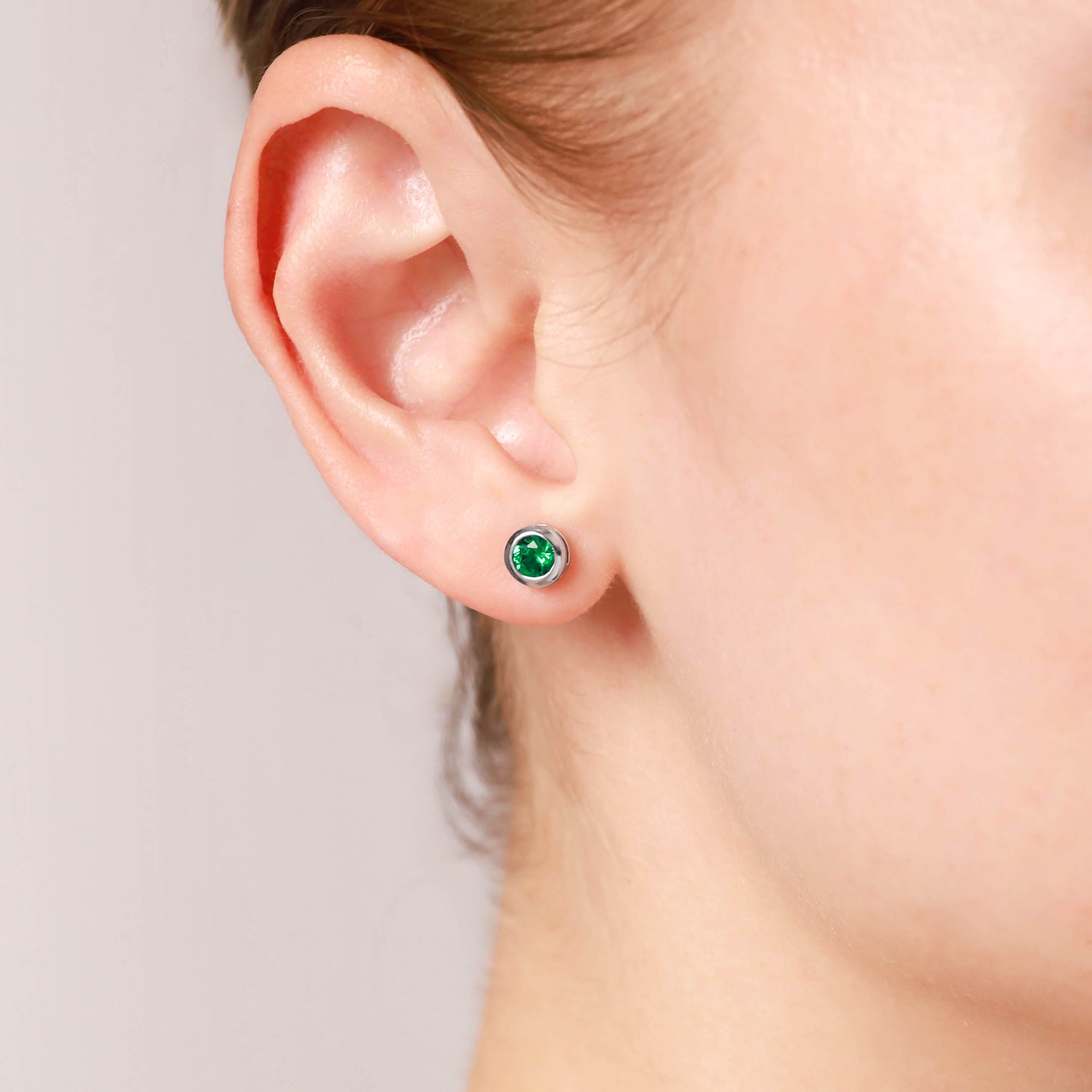 4MM Petite Created Round Shape Nano Green Emerald 925 Sterling Silver Bezel Set Stud Earrings for Second or Third Hole Unisex Jewelry for Women or Men May Gemstone Birthstone - Silvershake-store