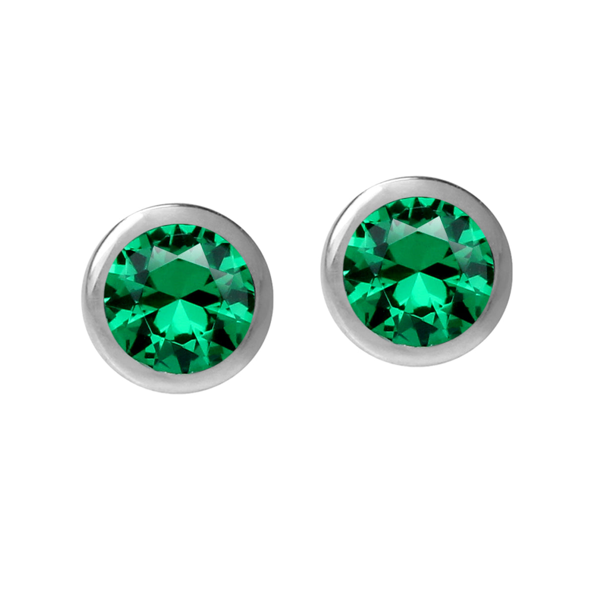 4MM Petite Created Round Shape Nano Green Emerald 925 Sterling Silver Bezel Set Stud Earrings for Second or Third Hole Unisex Jewelry for Women or Men May Gemstone Birthstone - Silvershake-store