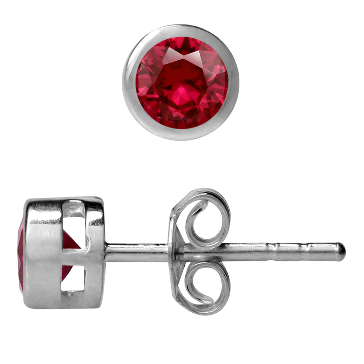 4MM Petite Simulated Round Shape Red Ruby 925 Sterling Silver Bezel Set Stud Earrings for Second or Third Hole Unisex Jewelry for Women or Men July Gemstone Birthstone - Silvershake-store