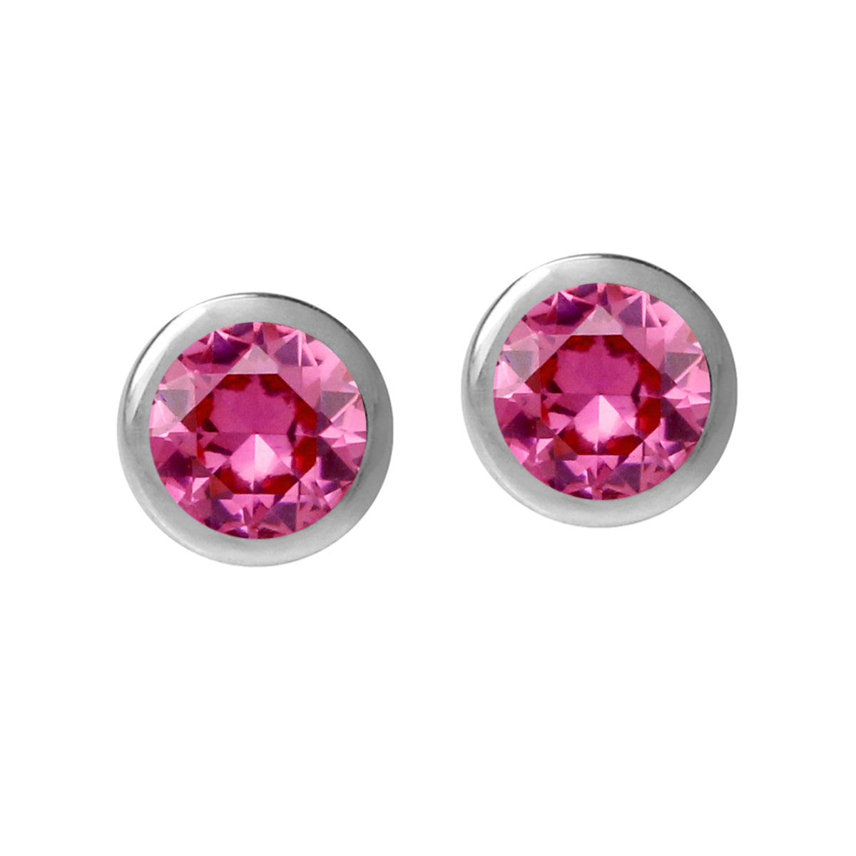 4MM Petite Round Shape Created Pink Tourmaline 925 Sterling Silver Bezel Set Stud Earrings Jewelry for Women or Men October Gemstone Birthstone - Silvershake-store