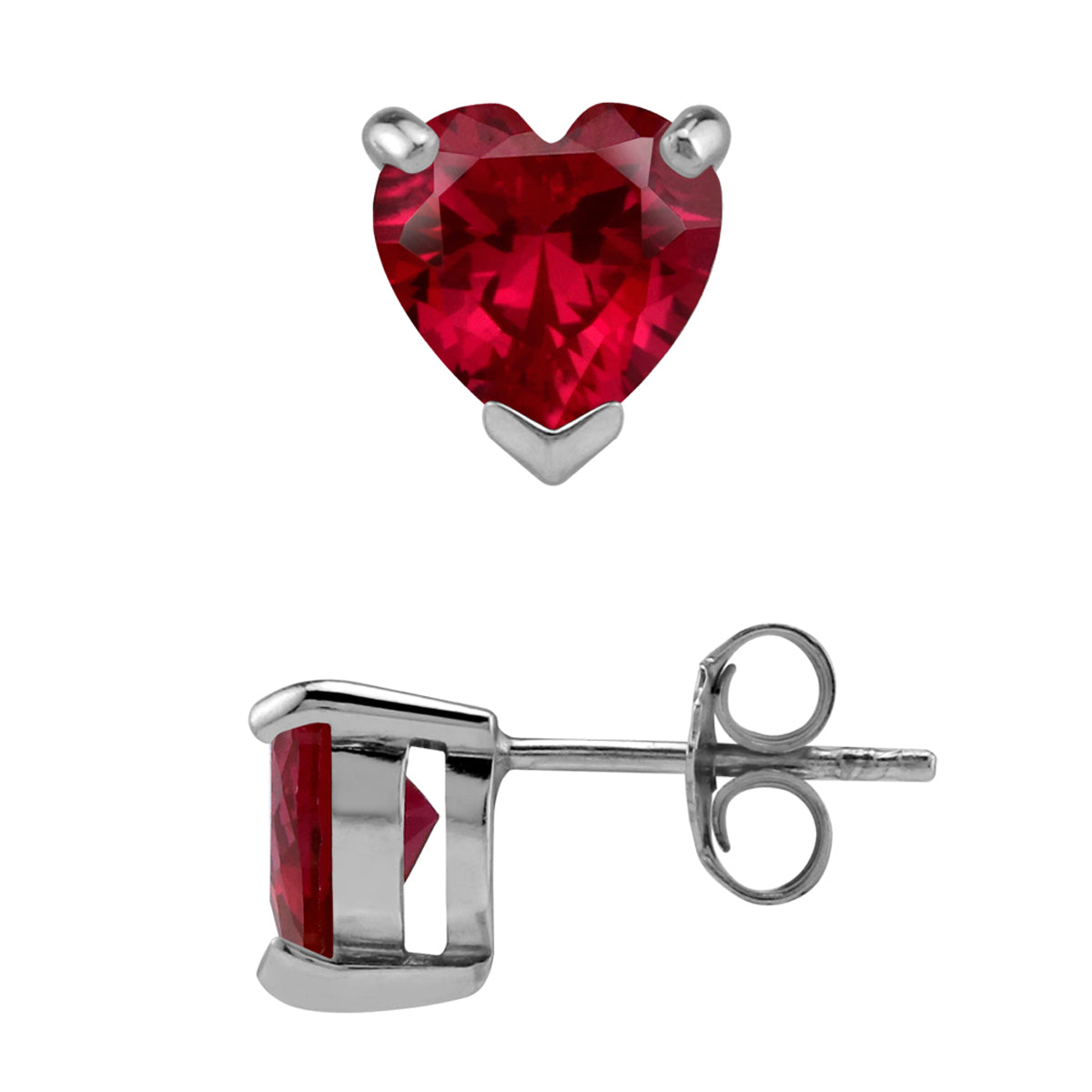 7mm Simulated Heart Shape Red Ruby White Gold Plated 925 Sterling Silver Stud Earrings