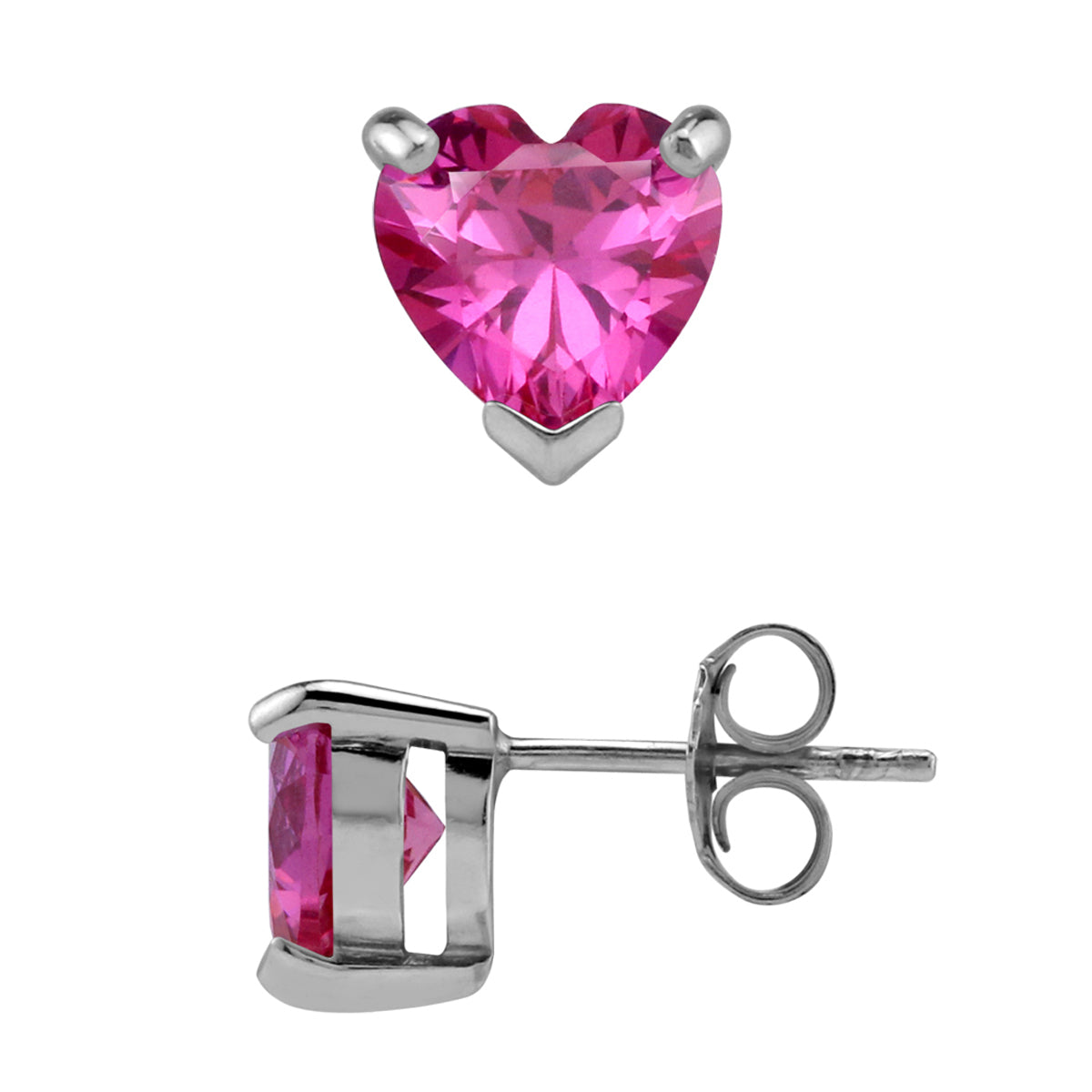 7mm Heart Shape Created Pink Tourmaline White Gold Plated 925 Sterling Silver Stud Earrings