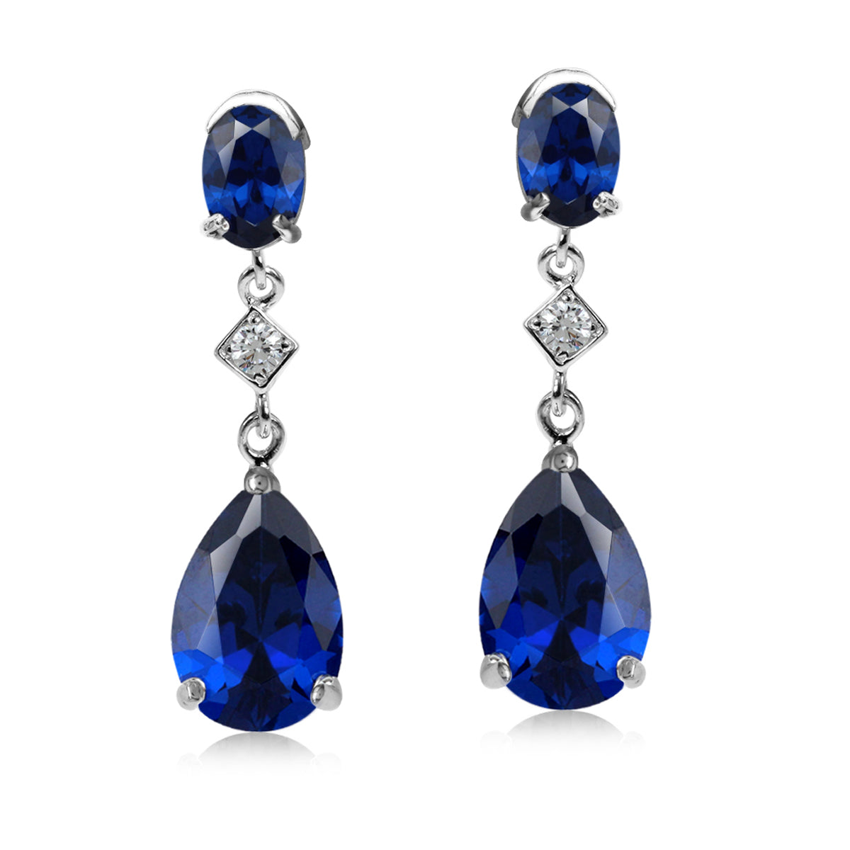 12x8mm Pear Shape Created Blue Sapphire White Gold Plated 925 Sterling Silver Drop Dangle Stud Post Earrings September Gemstone Birthstone