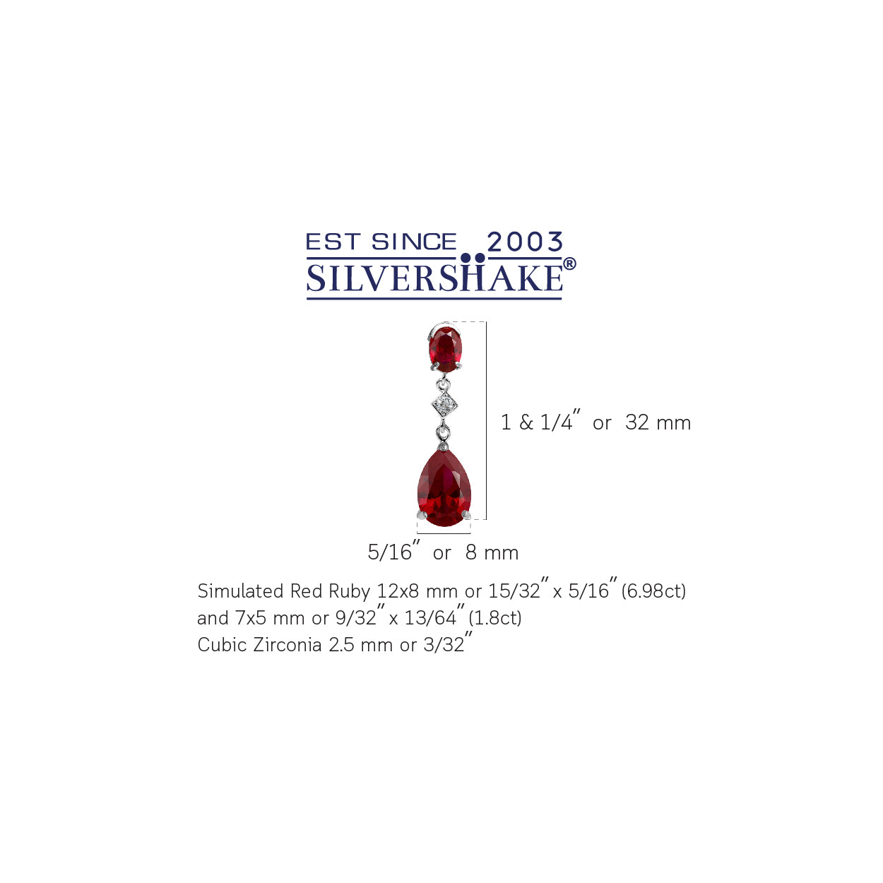 12X8mm Pear Shape Simulated Red Ruby White Gold Plated 925 Sterling Silver Drop Dangle Stud Post Earrings July Gemstone Birthstone