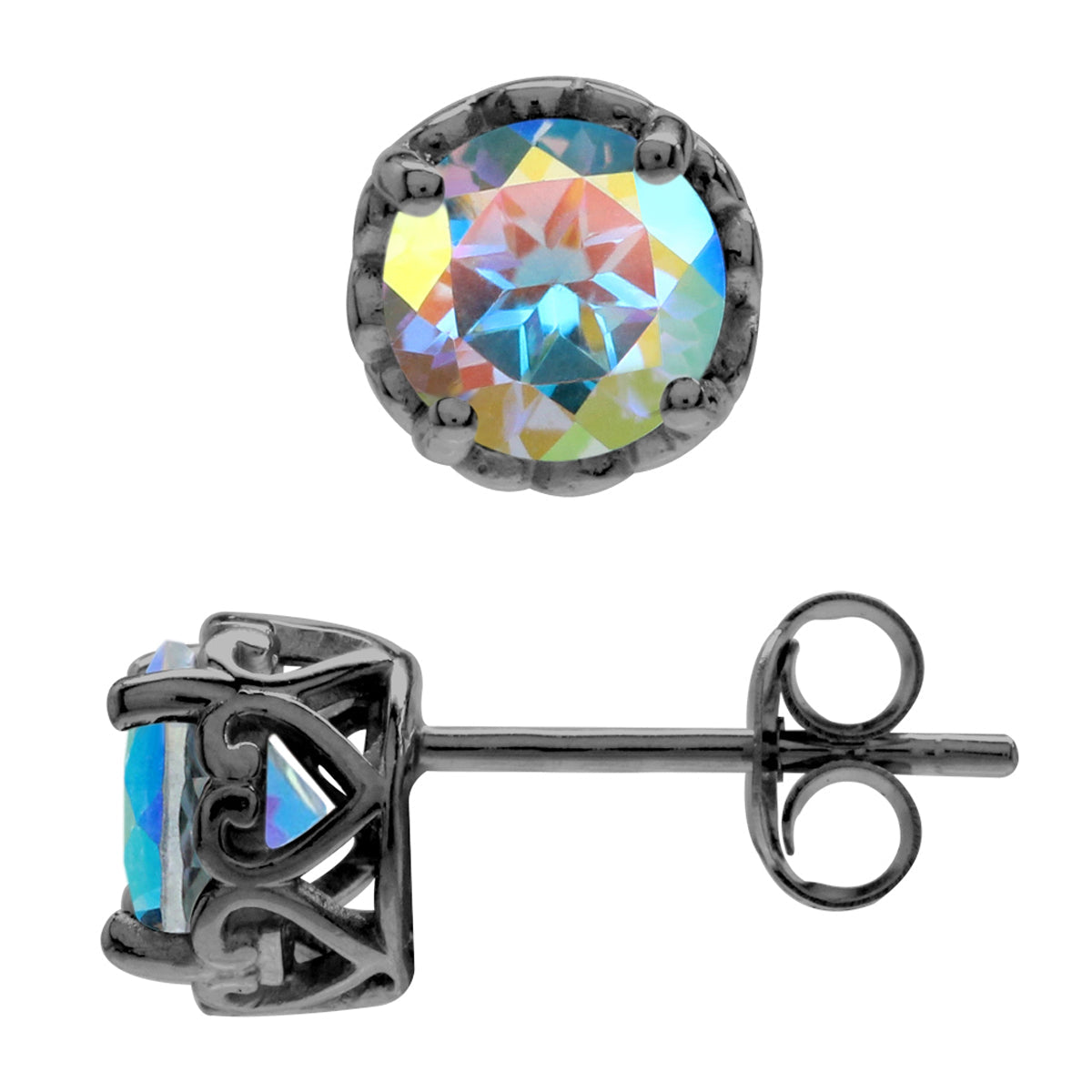 2 CTW 6MM Round Shape Genuine Mercury Mist Aurora Borealis (AB) Topaz Black Rhodium Plated 925 Sterling Silver Heart Victorian Style Stud/Post Gemstone Earrings for Women - Silvershake-store