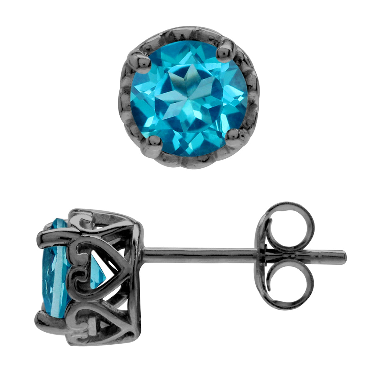 2 CTW 6MM Round Shape Genuine Paraiba Neon Blue Topaz Black Rhodium Plated 925 Sterling Silver Heart Victorian Style Stud/Post Gemstone Earrings for Women - Silvershake-store