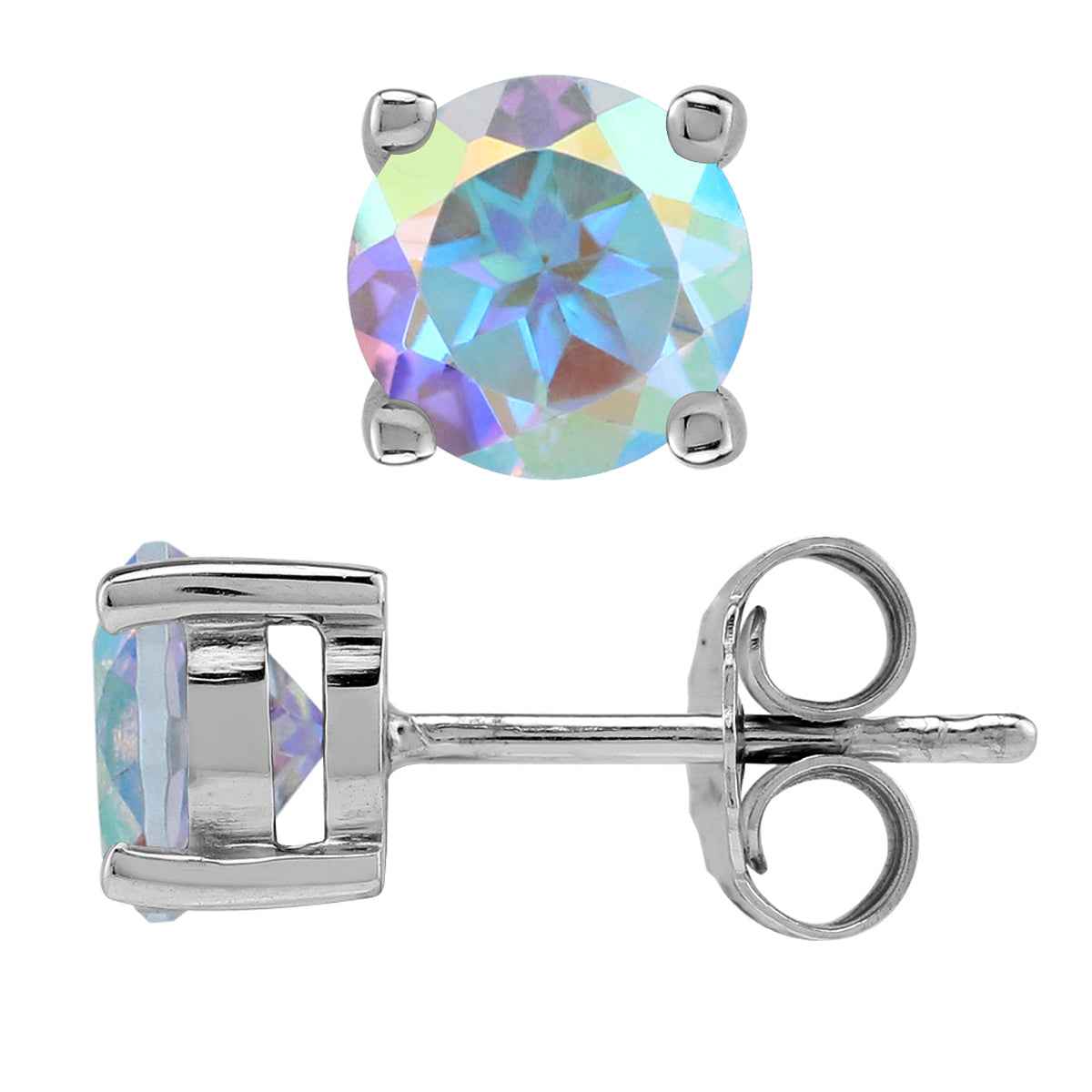 2 CTW 6MM Genuine Mercury Mist Aurora Borealis (AB) Topaz 925 Sterling Silver Stud Gemstone Earrings