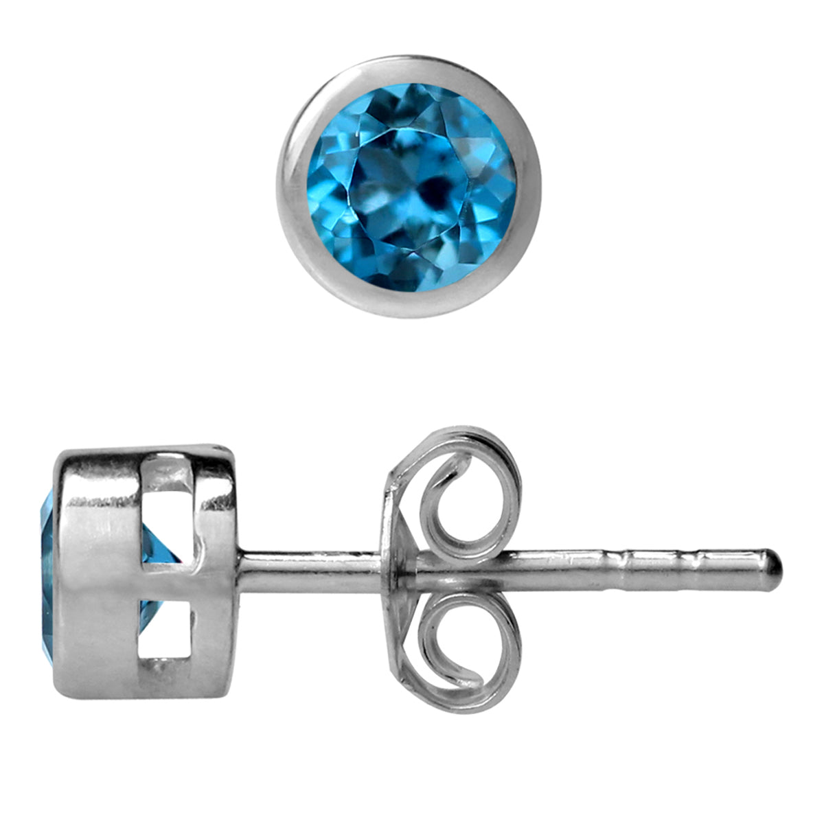 4MM Petite Genuine Round Shape London Blue Topaz 925 Sterling Silver Bezel Set Stud Earrings for Second or Third Hole Unisex Jewelry for Women or Men December Gemstone Birthstone - Silvershake-store