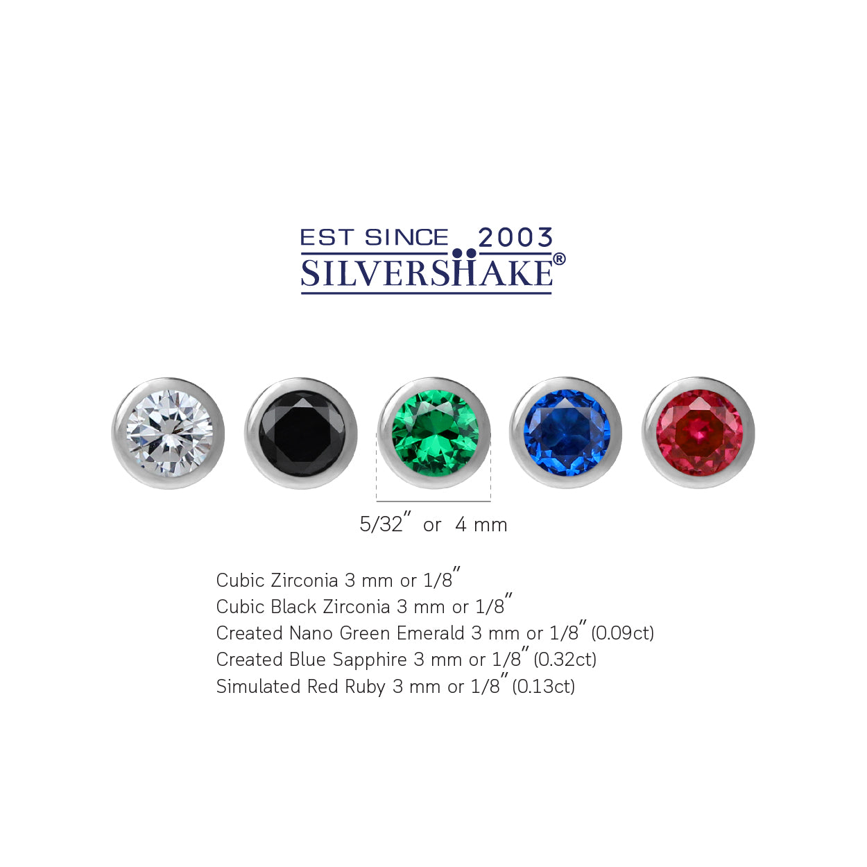 5 Pieces Extra Petite 3MM Round Created Gemstone Red Ruby, Blue Sapphire, Nano Green Emerald, Black and White CZ 925 Sterling Silver Bezel Set Stud Earrings for Second or Third Hole - Silvershake-store