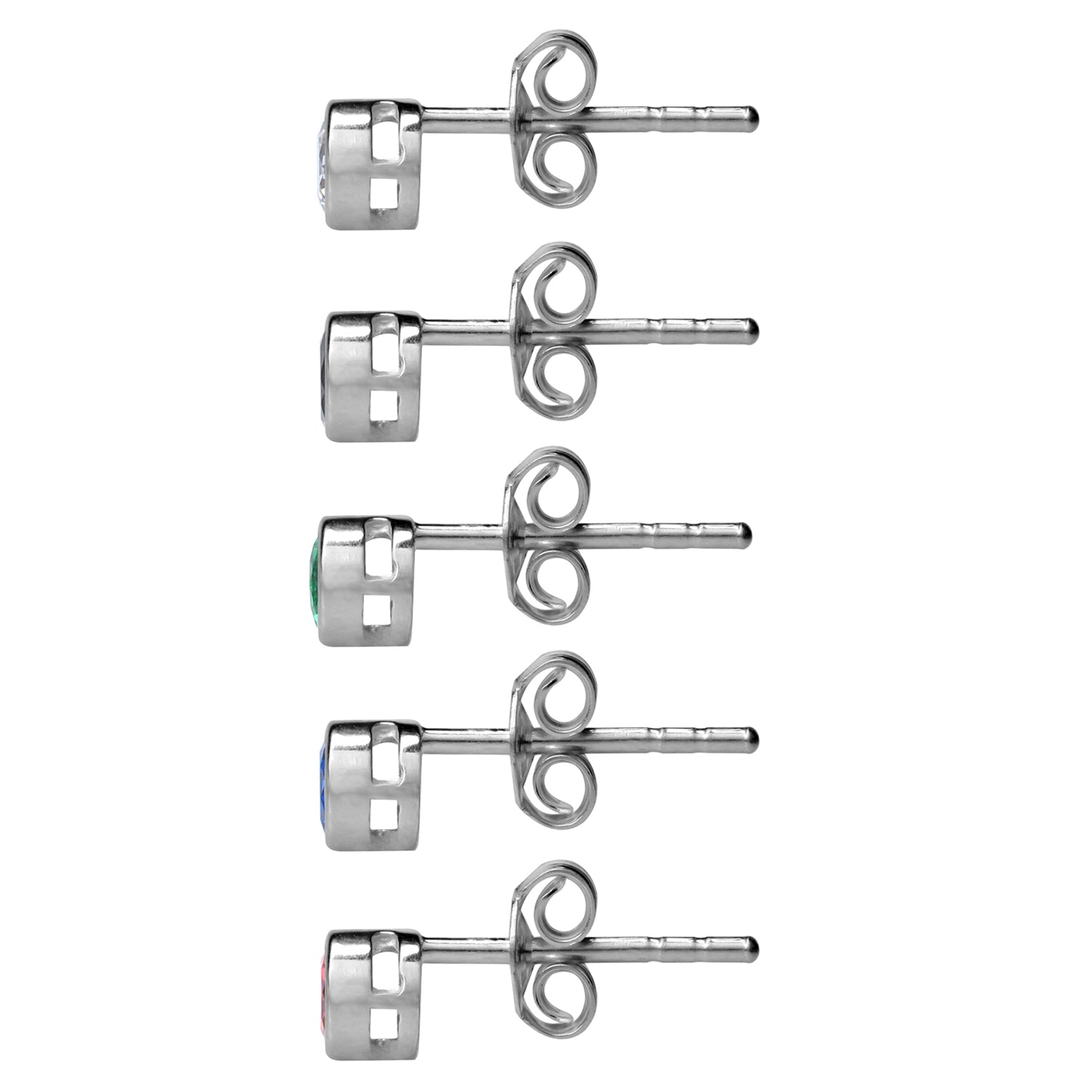 5 Pieces Extra Petite 3MM Round Created Gemstone Red Ruby, Blue Sapphire, Nano Green Emerald, Black and White CZ 925 Sterling Silver Bezel Set Stud Earrings for Second or Third Hole - Silvershake-store