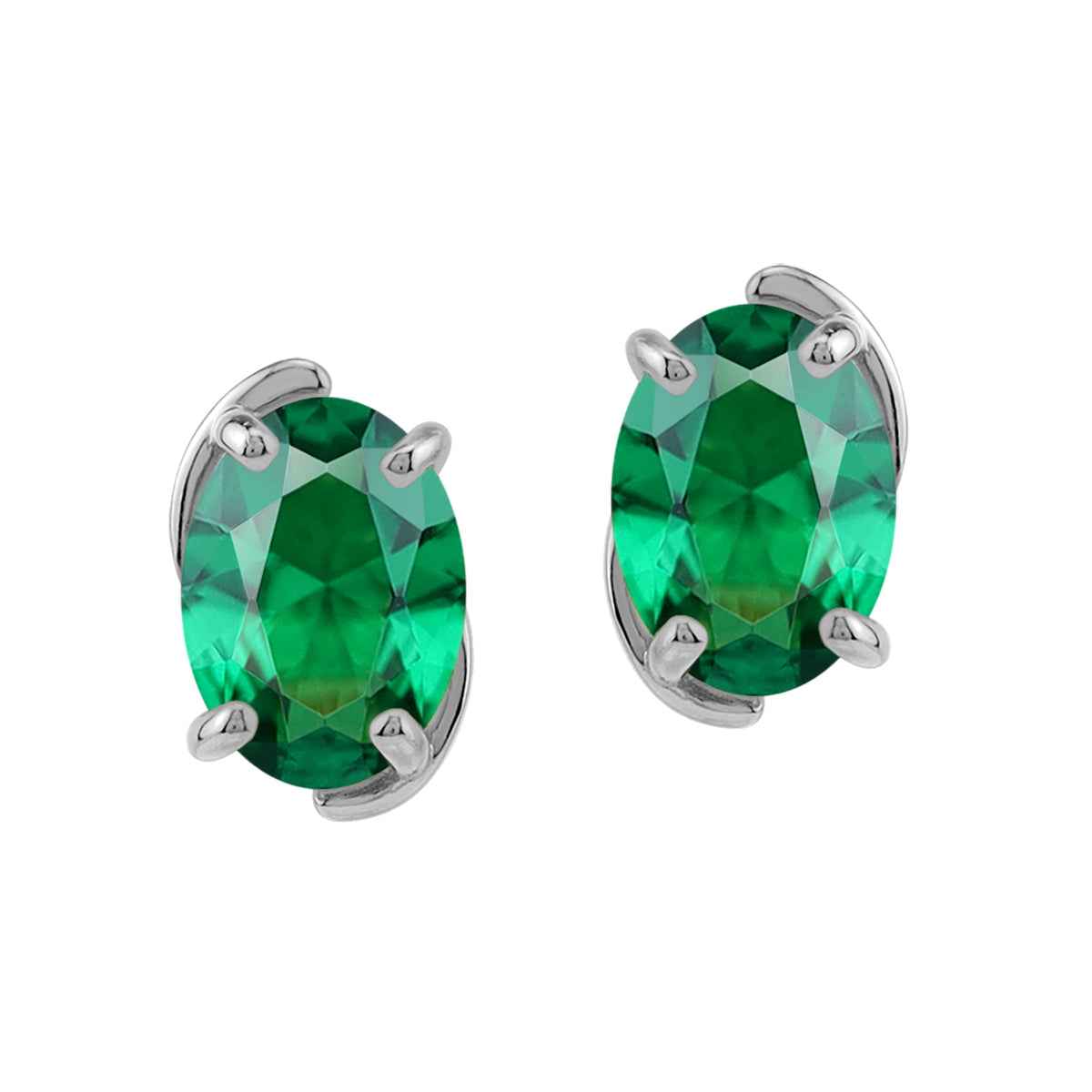 7X5mm Created Oval Shape Nano Green Emerald White Gold Plated 925 Sterling Silver Business Attire Stud Earrings