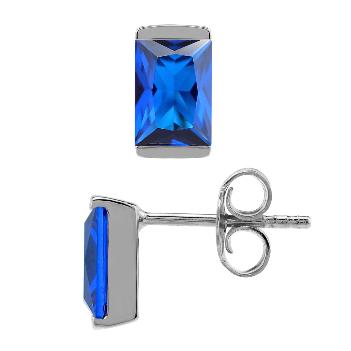 7X5mm Created Baguette Shape Blue Sapphire White Gold Plated 925 Sterling Silver Business Attire Stud Post Earrings