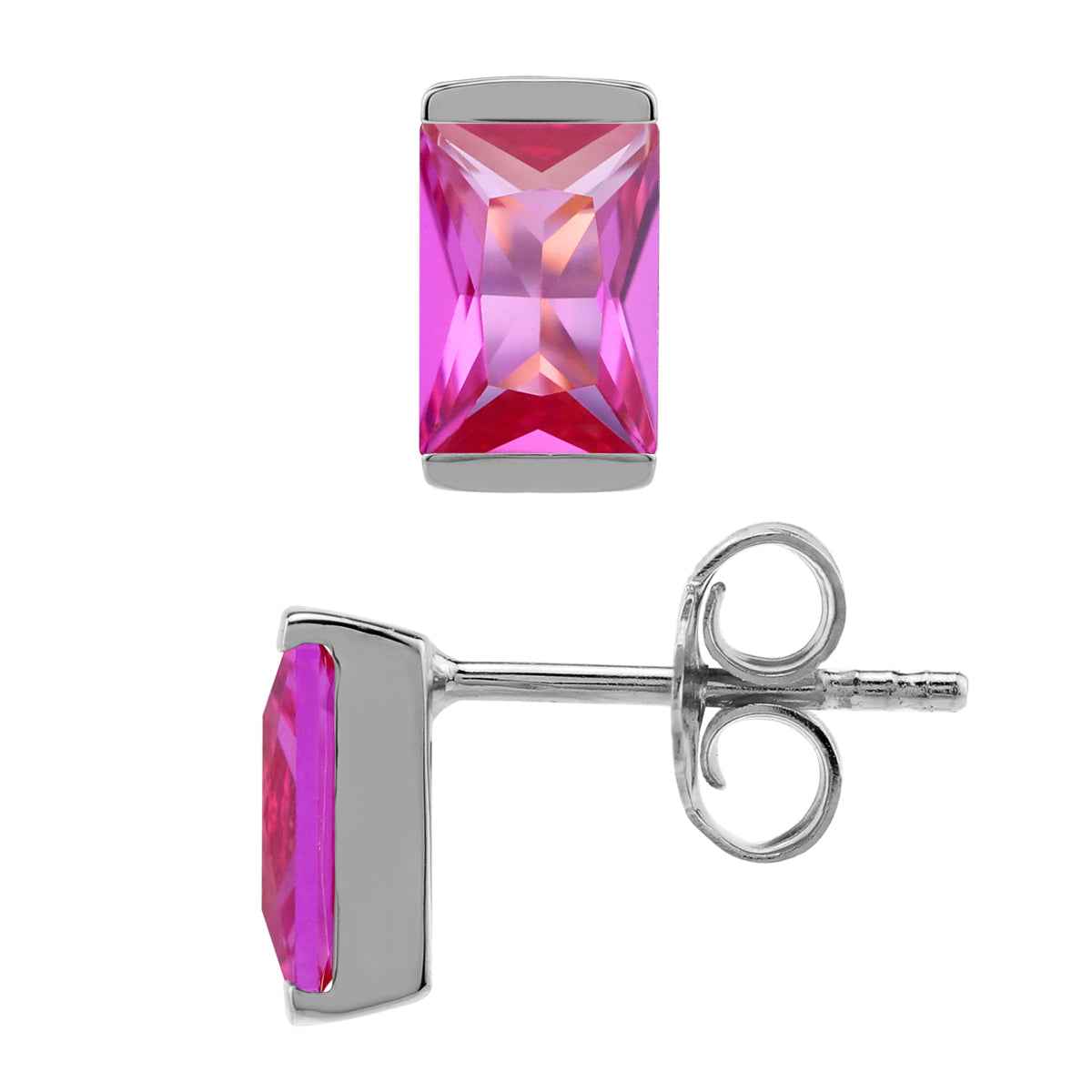 7X5mm Created Baguette Shape Pink Tourmaline White Gold Plated 925 Sterling Silver Business Attire Stud Post Earrings