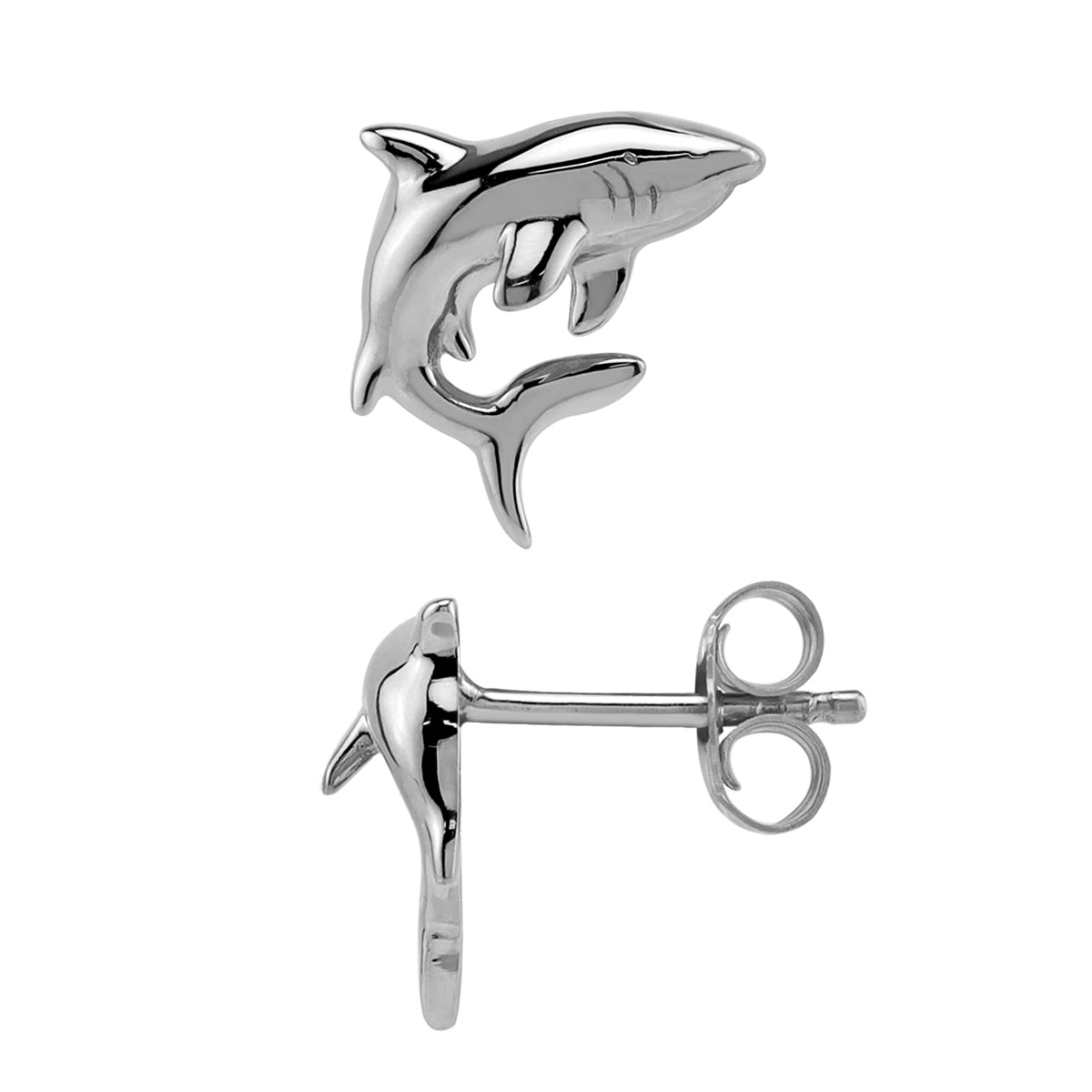 White Gold Plated 925 Sterling Silver Minimalist Shark Sealife Divers Casual Stud Earrings