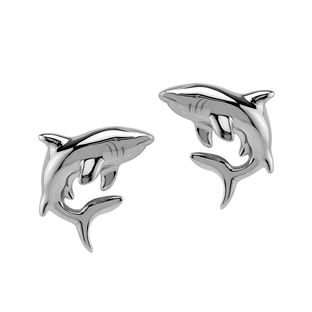 White Gold Plated 925 Sterling Silver Minimalist Shark Sealife Divers Casual Stud Earrings