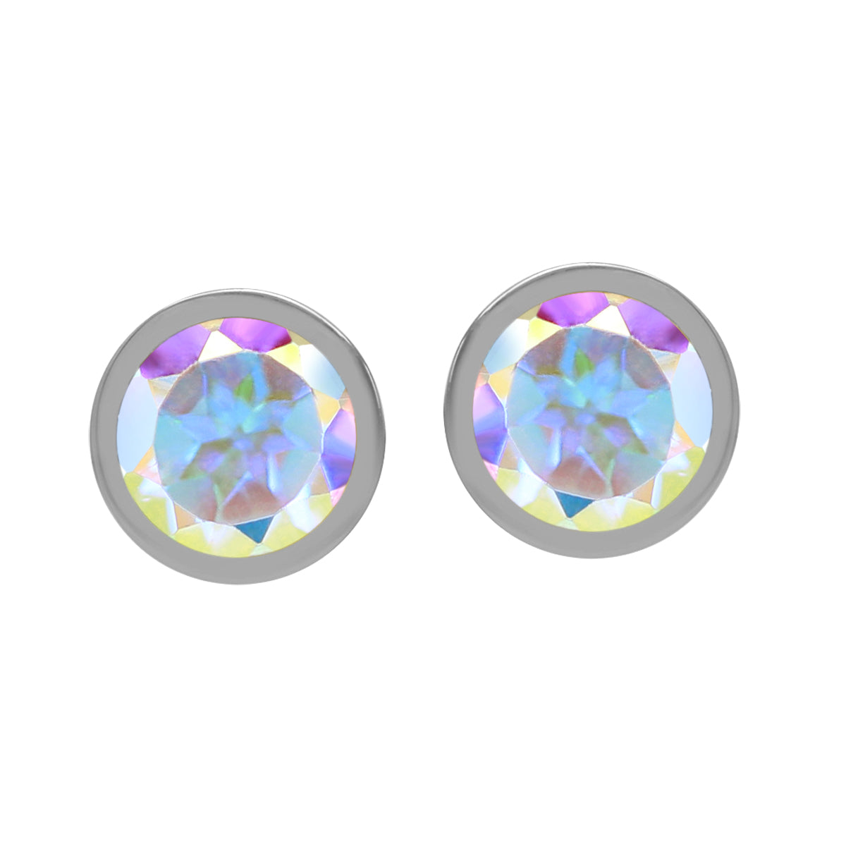 1.18 CTW Petite 5MM Genuine Round Shape Mercury Mist Aurora Borealis (AB) Topaz White Gold Plated 925 Sterling Silver Business Attire Bezel Set Stud Gemstone Earrings - Silvershake-store