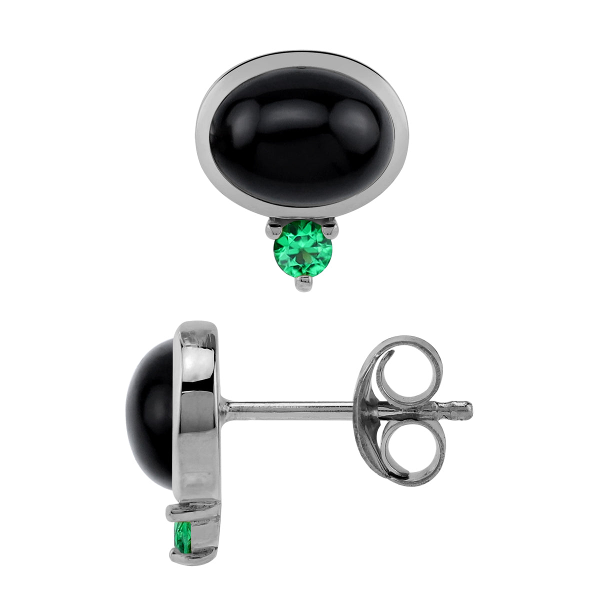 8X6mm Natural Oval Shape Black Onyx and Created Nano Green Emerald White Gold Plated 925 Sterling Silver Business Attire Bezel Set Stud Gemstone Earrings