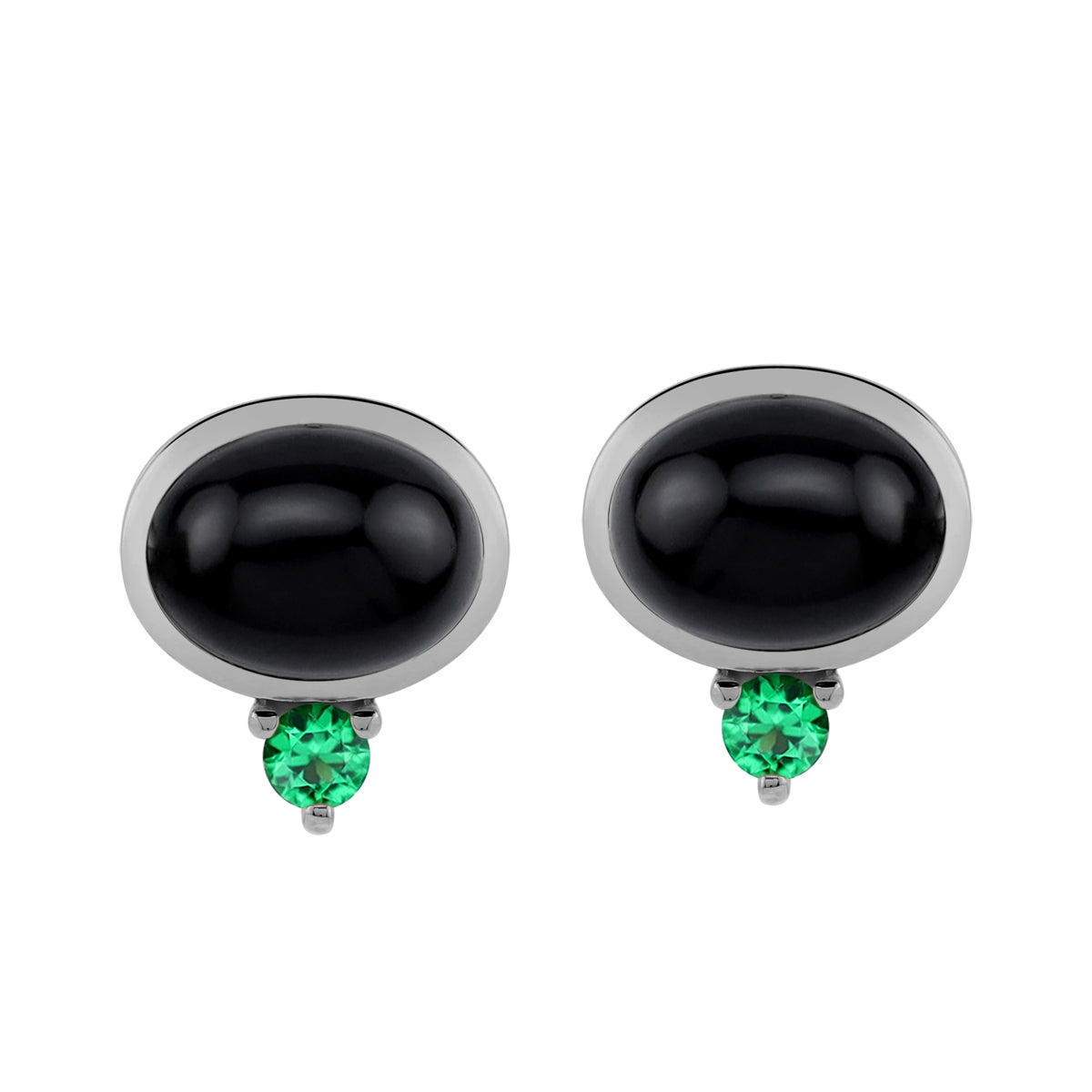 8X6mm Natural Oval Shape Black Onyx and Created Nano Green Emerald White Gold Plated 925 Sterling Silver Business Attire Bezel Set Stud Gemstone Earrings