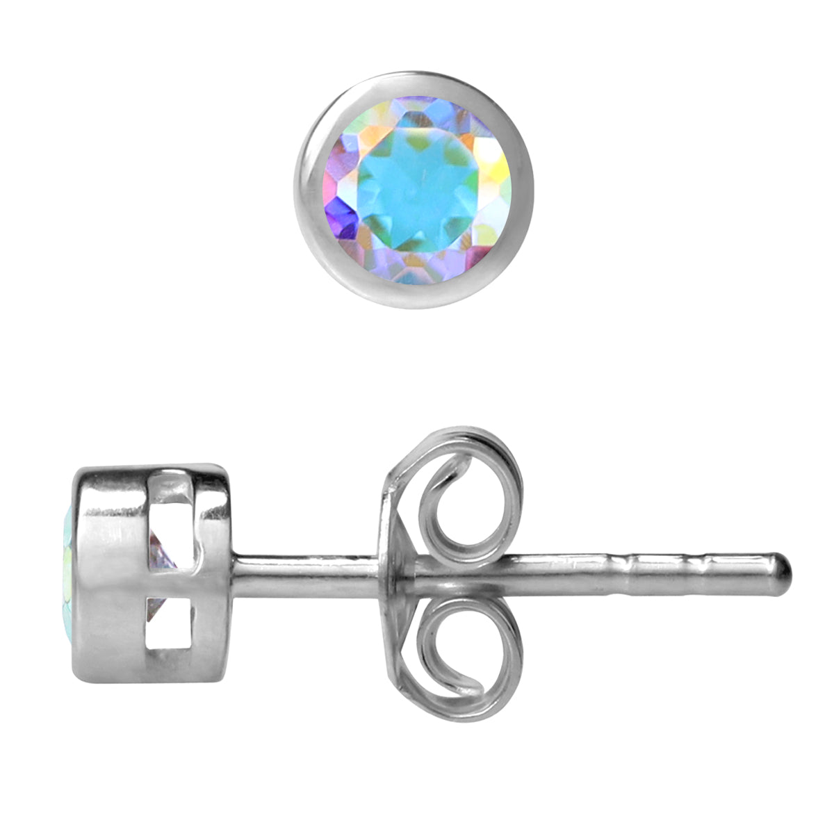 4MM Petite Genuine Round Shape Mercury Mist Aurora Borealis (AB) Topaz 925 Sterling Silver Bezel Set Stud Gemstone Earrings for Second or Third Hole Unisex Jewelry for Women or Men - Silvershake-store