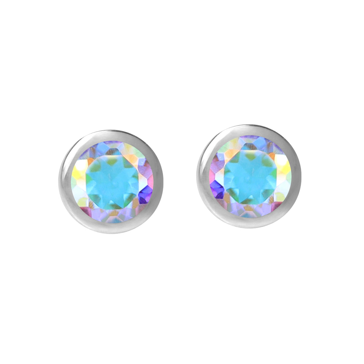4MM Petite Genuine Round Shape Mercury Mist Aurora Borealis (AB) Topaz 925 Sterling Silver Bezel Set Stud Gemstone Earrings for Second or Third Hole Unisex Jewelry for Women or Men - Silvershake-store