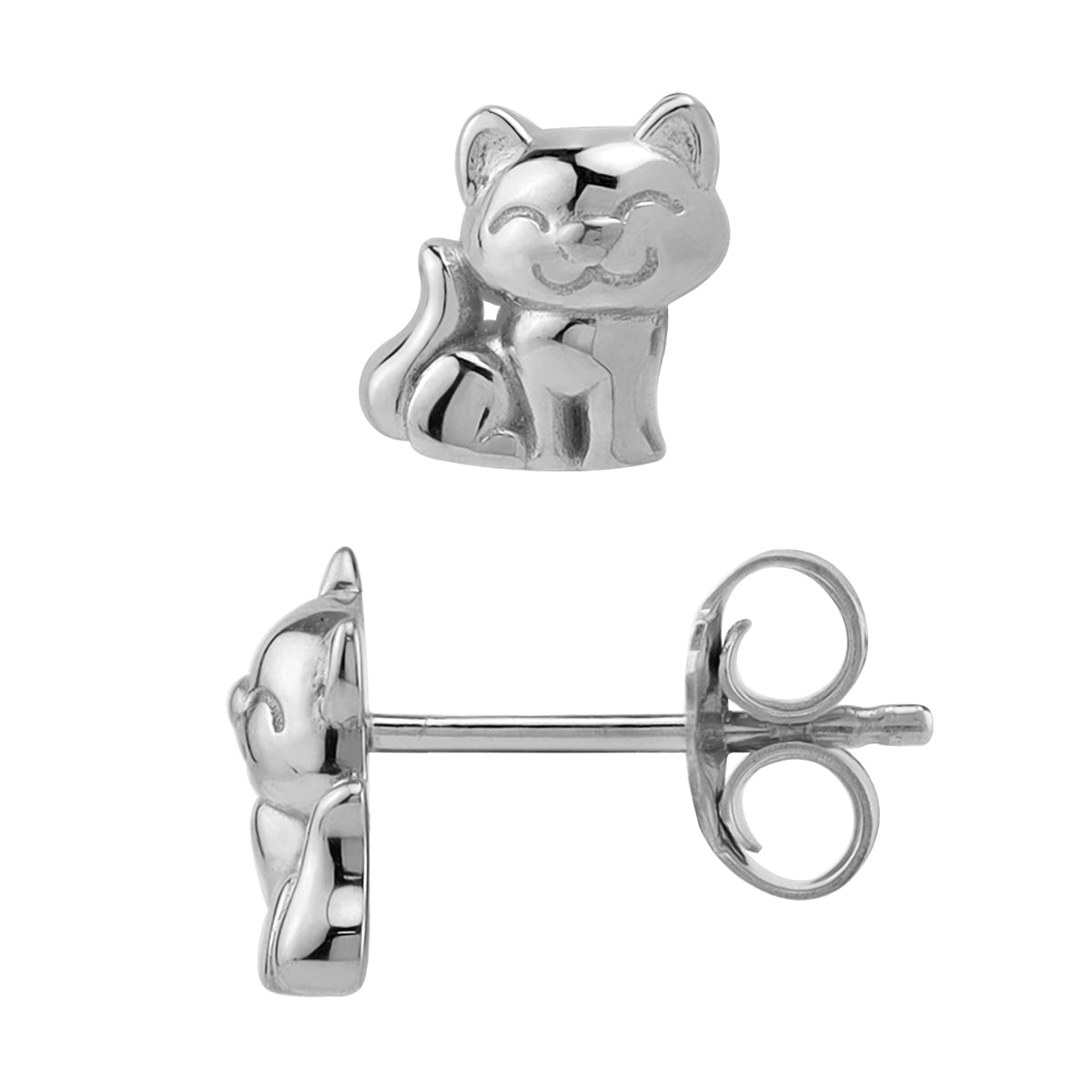 8MM Petite White Gold Plated 925 Sterling Silver Minimalist Cat Pet Casual Stud Earrings