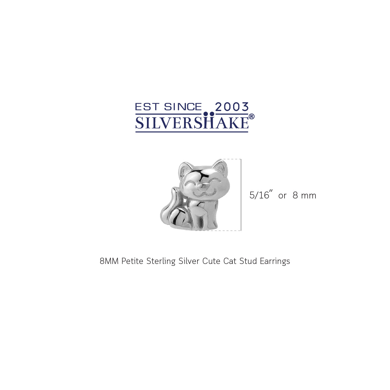8MM Petite White Gold Plated 925 Sterling Silver Minimalist Cat Pet Casual Stud Earrings