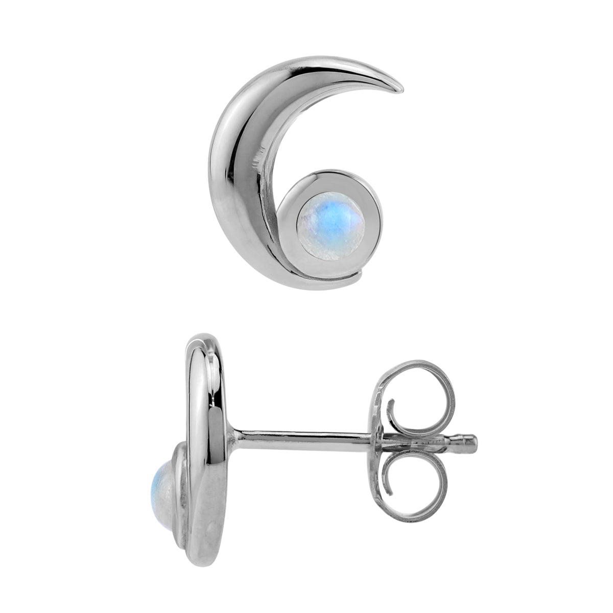 3MM Natural Round Shape Rainbow Moonstone White Gold Plated 925 Sterling Silver Crescent Moon Casual Stud Earrings