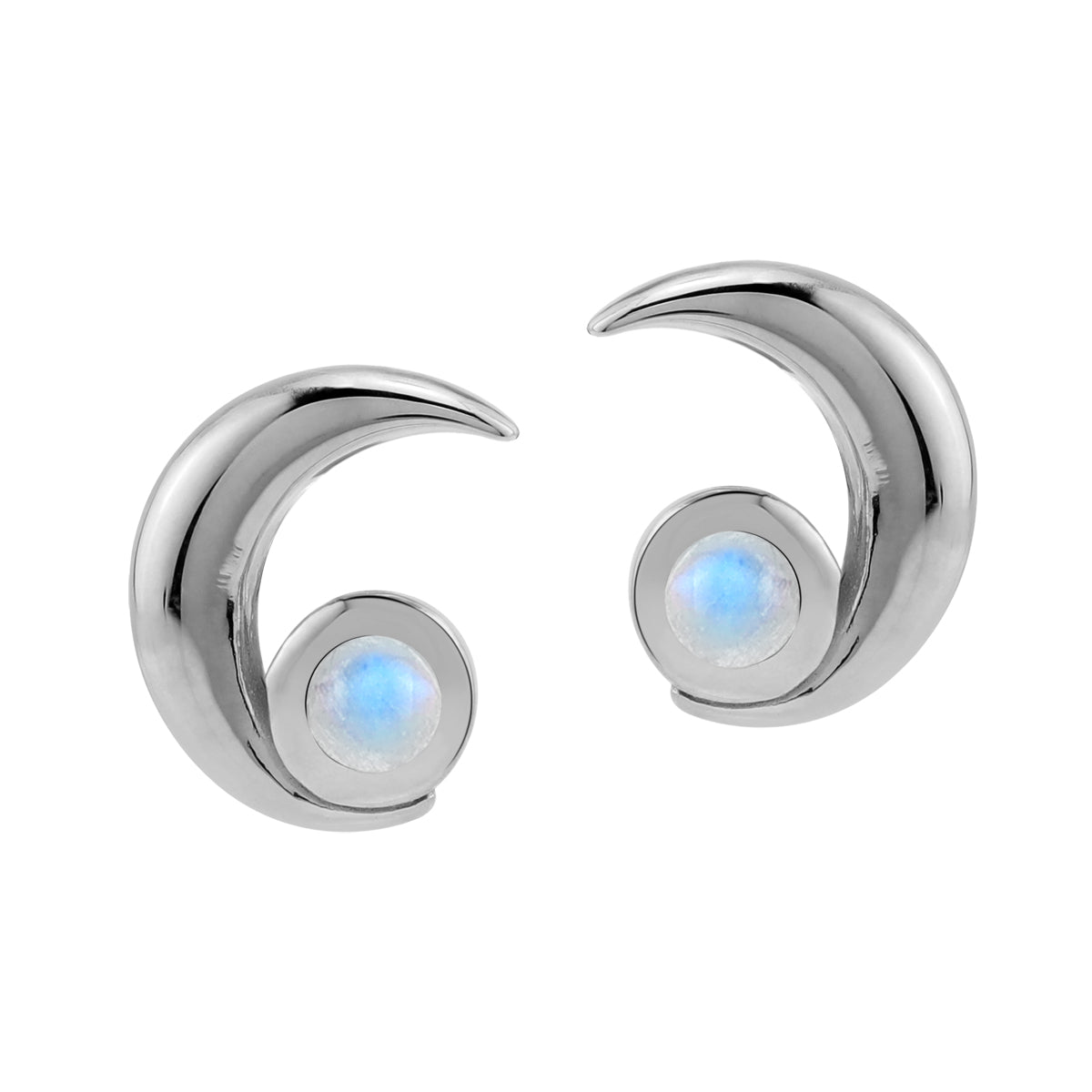 3MM Natural Round Shape Rainbow Moonstone White Gold Plated 925 Sterling Silver Crescent Moon Casual Stud Earrings