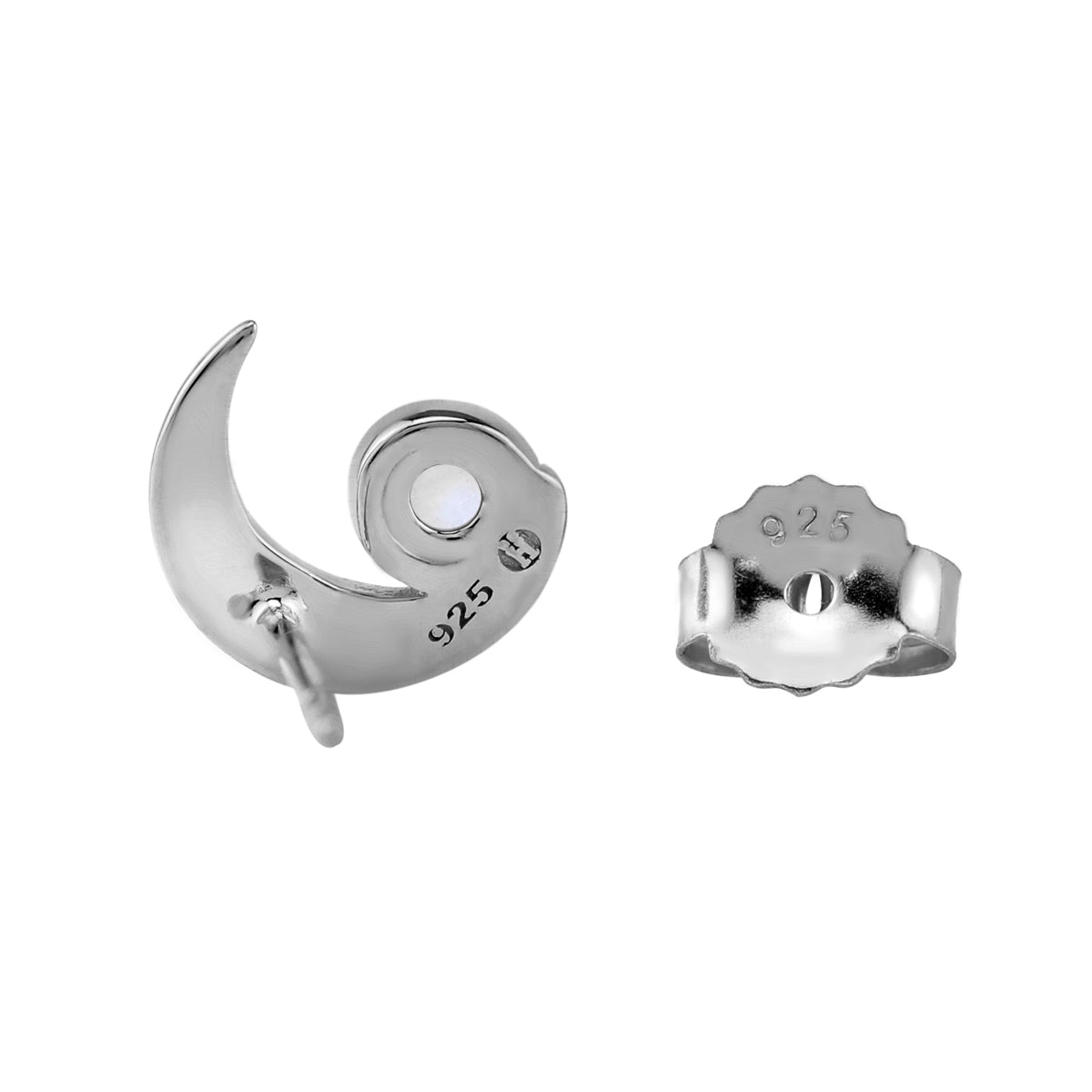 3MM Natural Round Shape Rainbow Moonstone White Gold Plated 925 Sterling Silver Crescent Moon Casual Stud Earrings