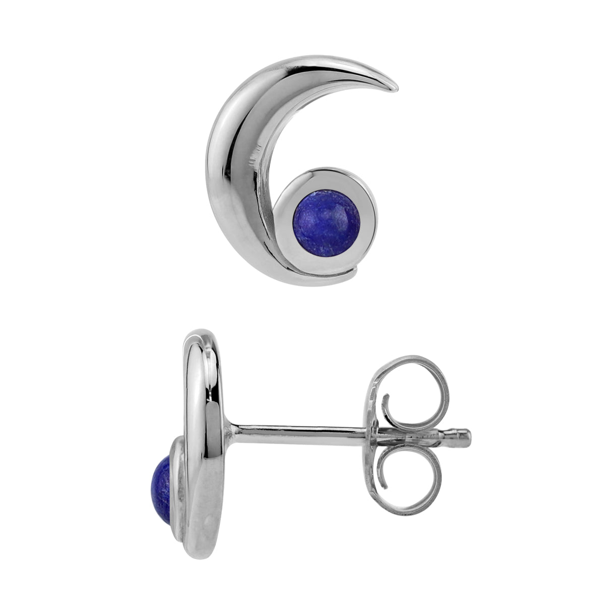 3MM Natural Round Shape Blue Lapis Lazuli White Gold Plated 925 Sterling Silver Crescent Moon Casual Stud Gemstone Earrings