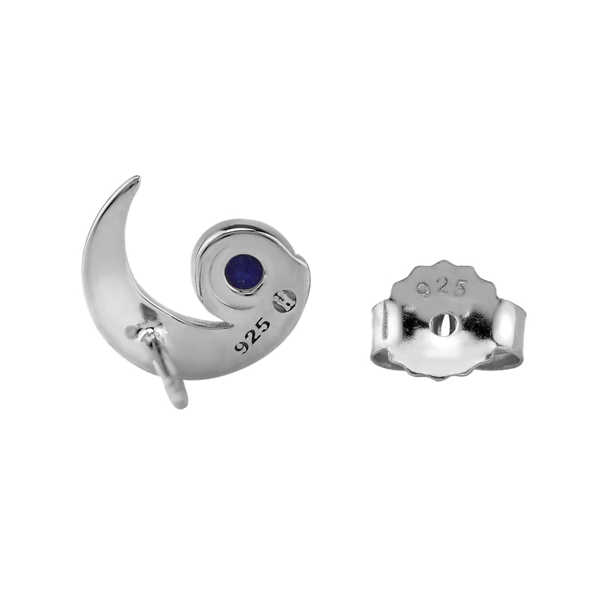 3MM Natural Round Shape Blue Lapis Lazuli White Gold Plated 925 Sterling Silver Crescent Moon Casual Stud Gemstone Earrings