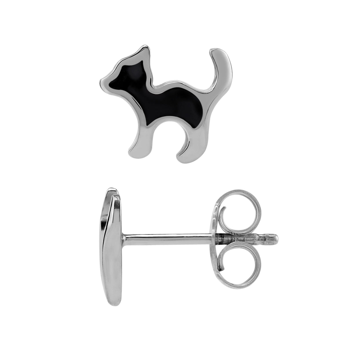 8MM Petite Black Enamel White Gold Plated 925 Sterling Silver Minimalist Cat Pet Casual Stud Earrings