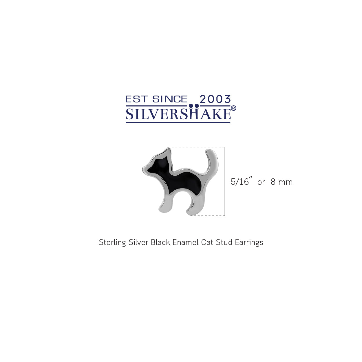 8MM Petite Black Enamel White Gold Plated 925 Sterling Silver Minimalist Cat Pet Casual Stud Earrings