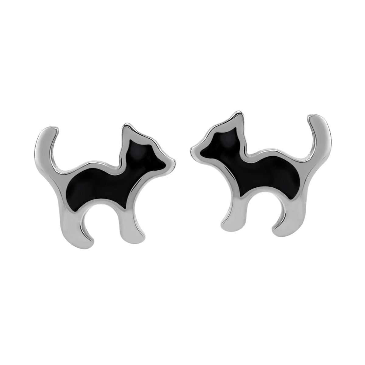 8MM Petite Black Enamel White Gold Plated 925 Sterling Silver Minimalist Cat Pet Casual Stud Earrings