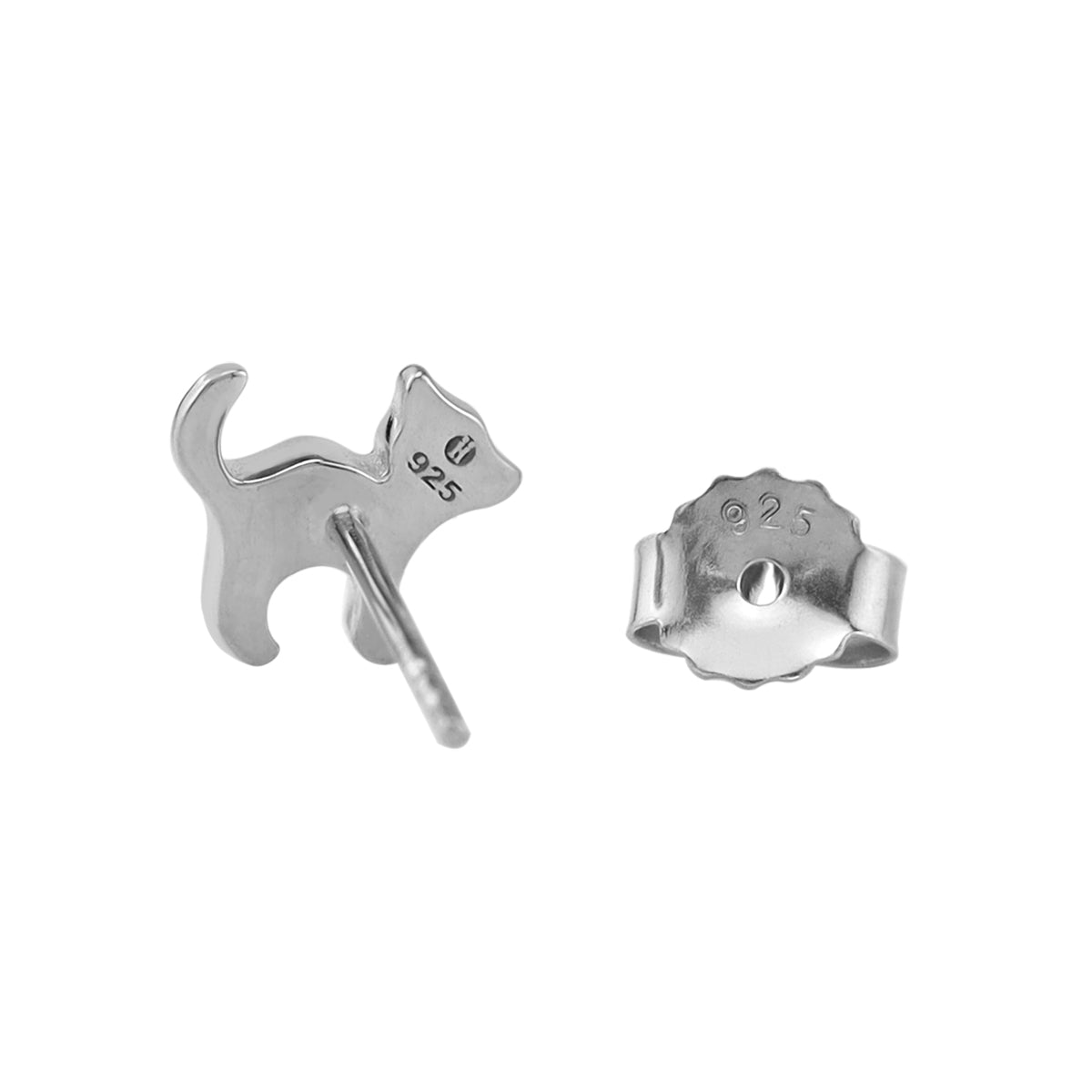 8MM Petite Black Enamel White Gold Plated 925 Sterling Silver Minimalist Cat Pet Casual Stud Earrings